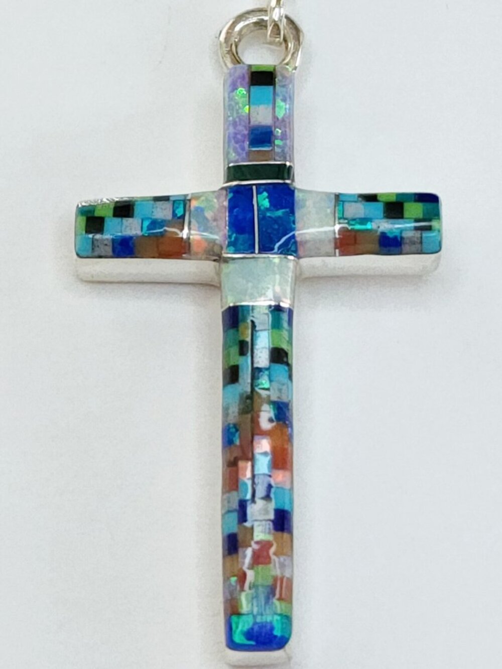Sterling Silver 925 Micro Inlaid Cross Pendant Vibrant Mosaic Design Fire Opal